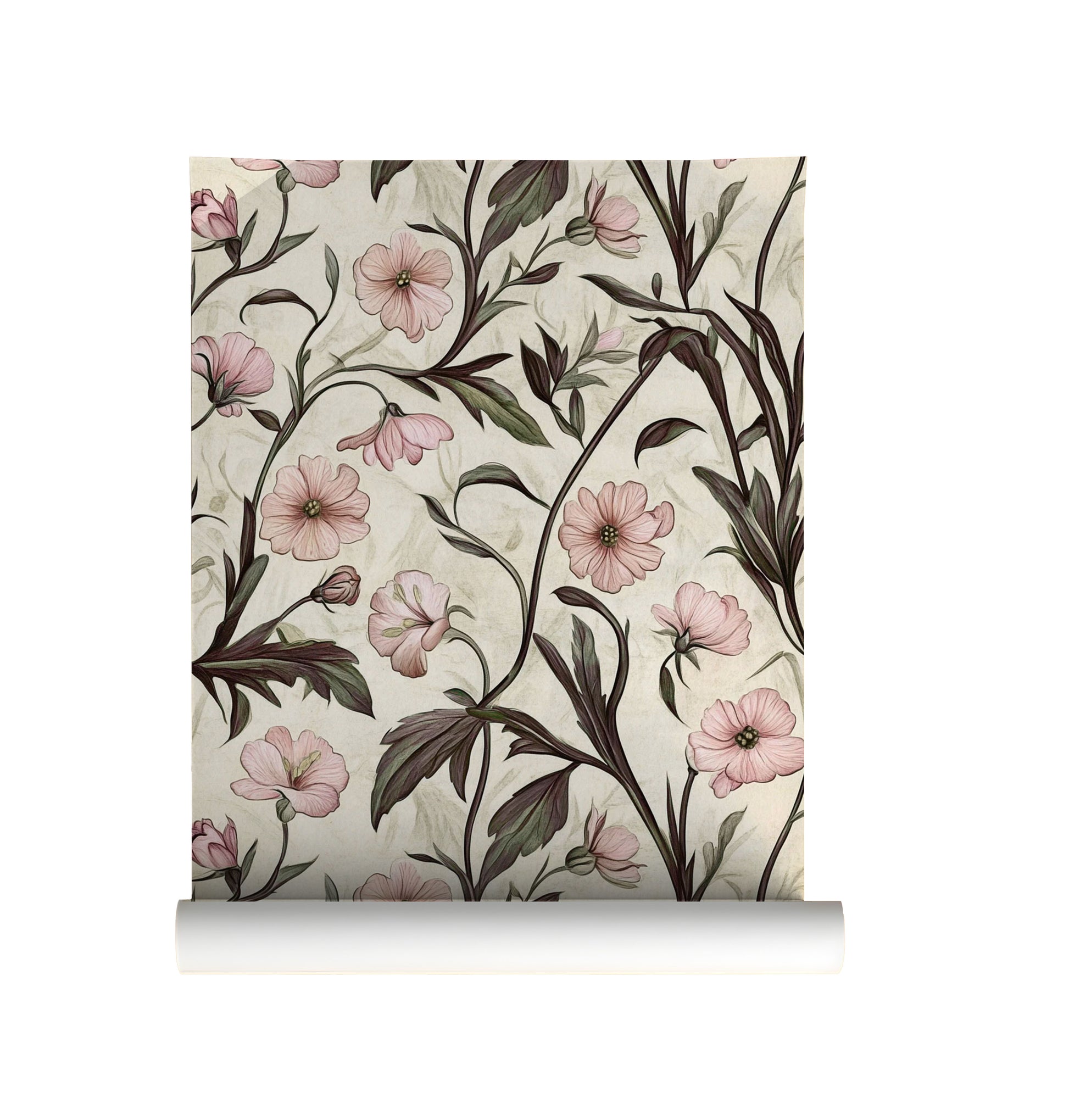 Soft blush floral wallpaper with delicate pink wildflowers and trailing botanical stems on a warm neutral background, cottagecore wallpaper design for bedrooms, nurseries, and romantic interiors, on roll