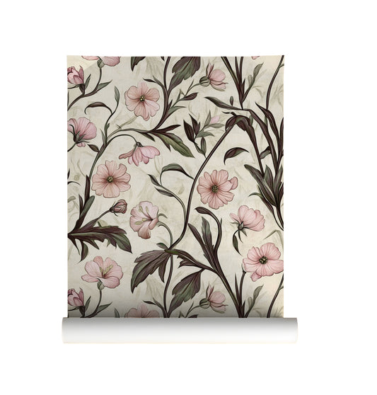 Soft blush floral wallpaper with delicate pink wildflowers and trailing botanical stems on a warm neutral background, cottagecore wallpaper design for bedrooms, nurseries, and romantic interiors, on roll