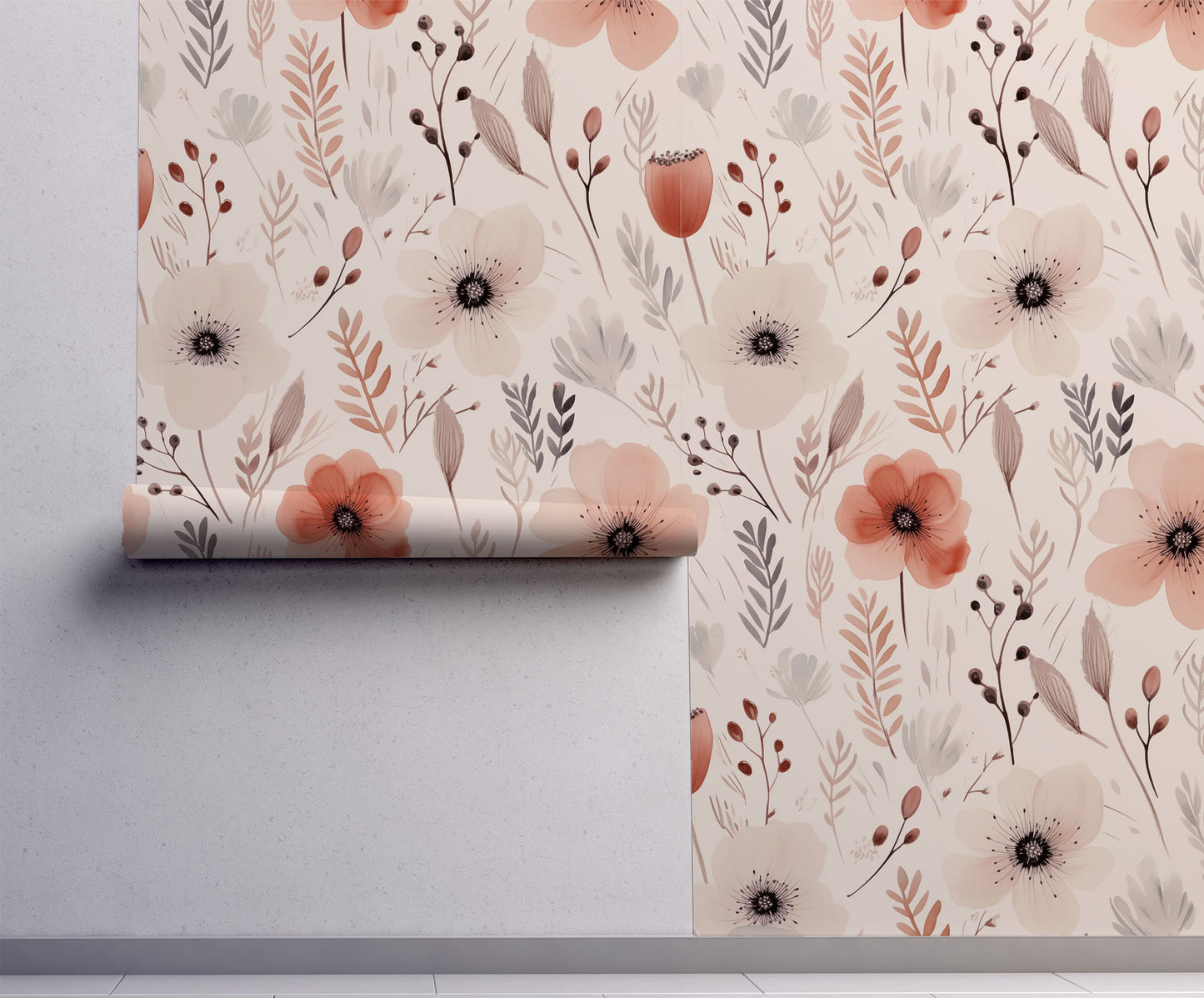 Blush poppy floral wallpaper featuring soft pink watercolor flowers, delicate botanical stems, and warm neutral tones in a romantic cottagecore wildflower pattern.