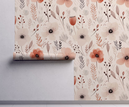 Blush poppy floral wallpaper featuring soft pink watercolor flowers, delicate botanical stems, and warm neutral tones in a romantic cottagecore wildflower pattern.