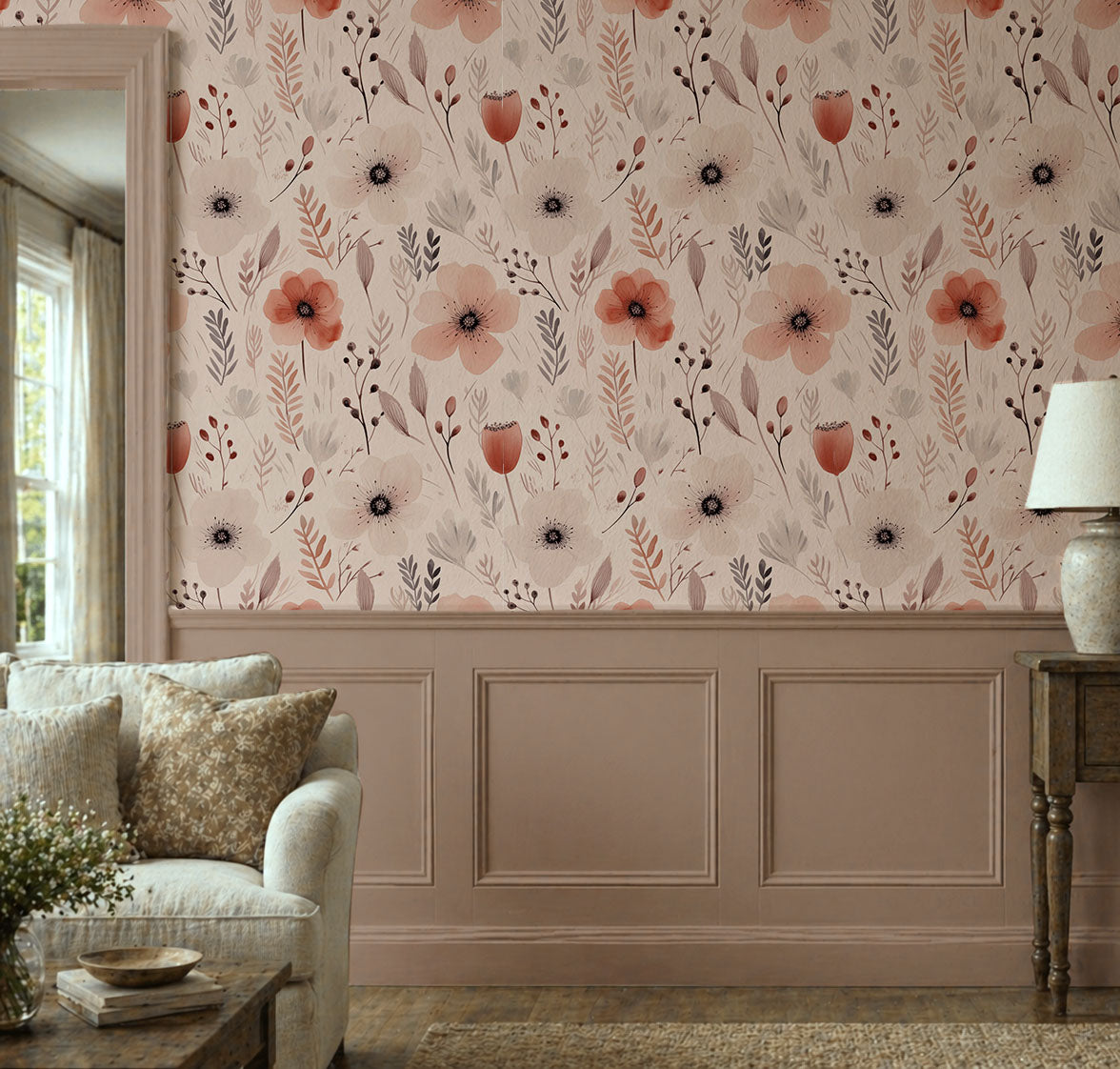 Meadow Breeze - Soft Poppy Watercolor Floral Wallpaper