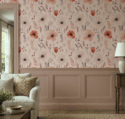 Meadow Breeze - Soft Poppy Watercolor Floral Wallpaper