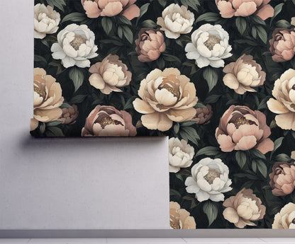 Moody peony wallpaper featuring oversized cream, blush, and taupe blooms with deep green foliage on a dark background, creating an elegant cottagecore floral statement wall