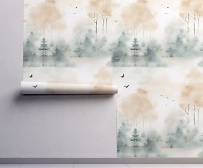 Solitude - Soft Neutral Watercolor Forest Wallpaper