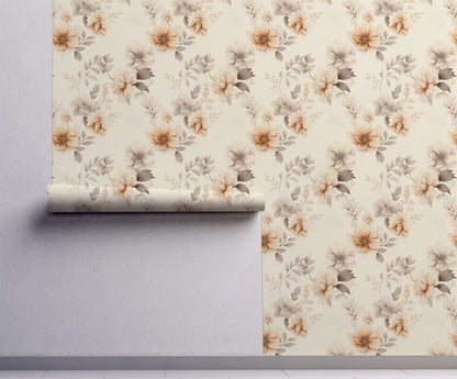 Soft watercolor wallpaper with delicate blush pink cherry blossom branches on a warm ivory background on wall