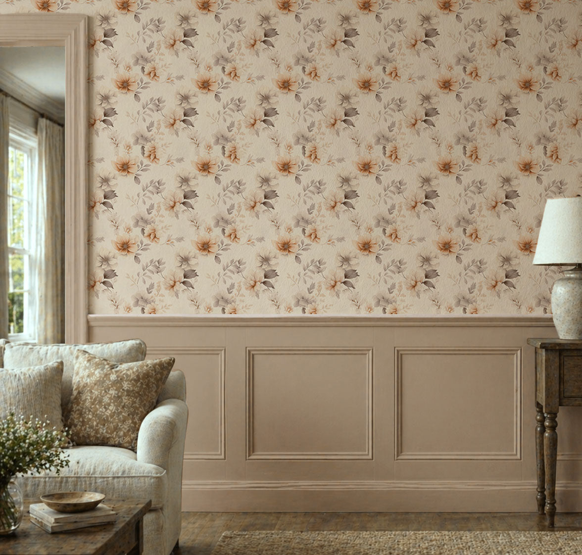 Soft watercolor wallpaper with delicate blush pink cherry blossom branches on a warm ivory background in living room