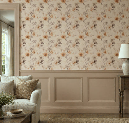 Soft watercolor wallpaper with delicate blush pink cherry blossom branches on a warm ivory background in living room