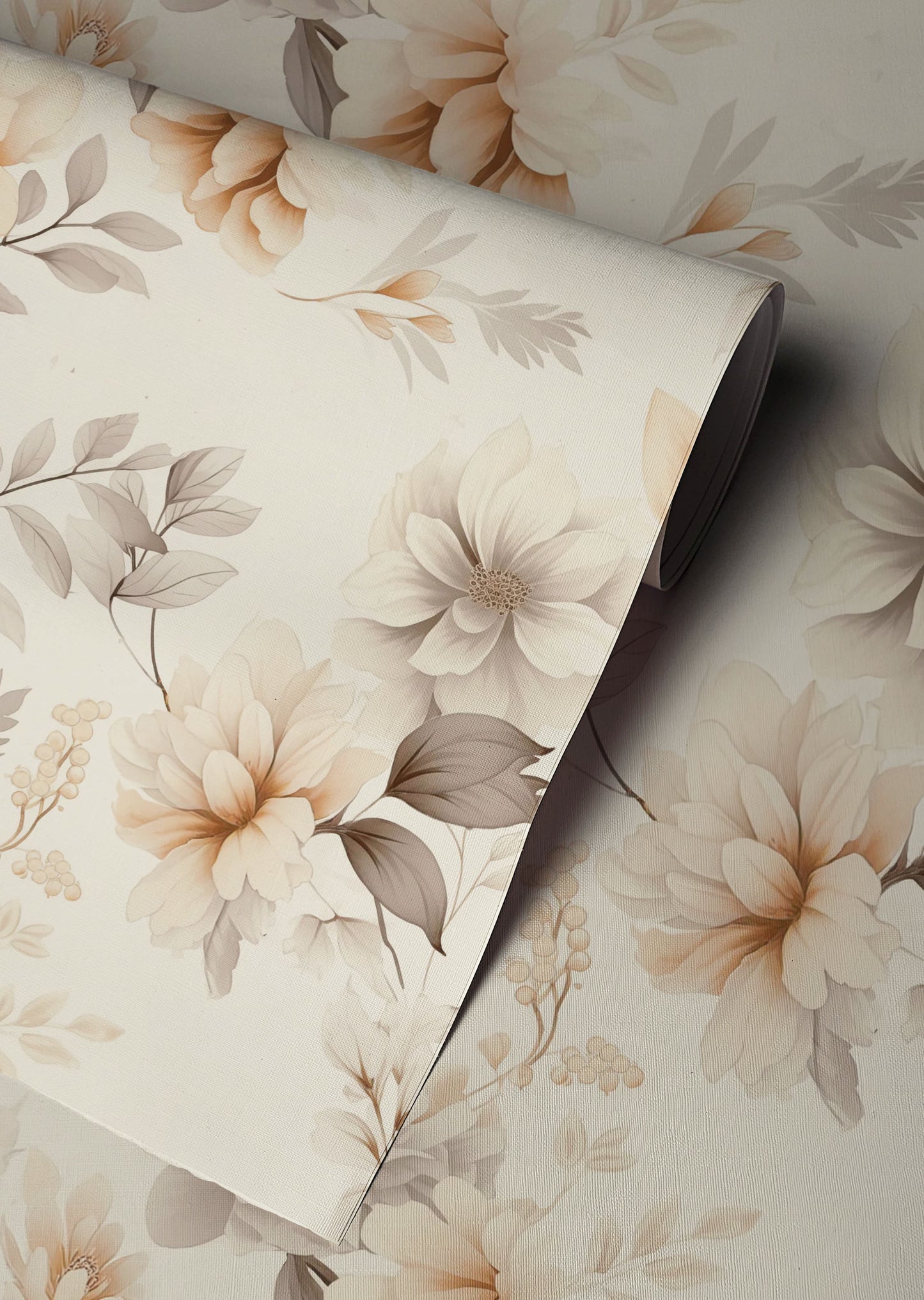Soft watercolor wallpaper with delicate blush pink cherry blossom branches on a warm ivory background up close