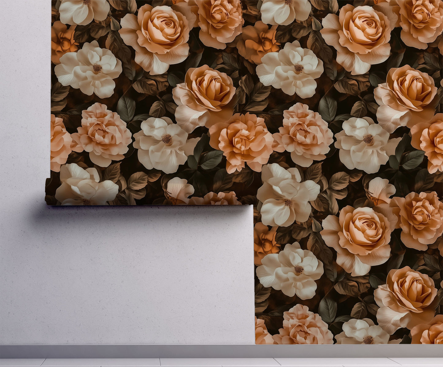 Soft watercolor wallpaper with layered rose and blush floral motifs in muted dusty pink and mauve tones on a warm neutral background on wall

