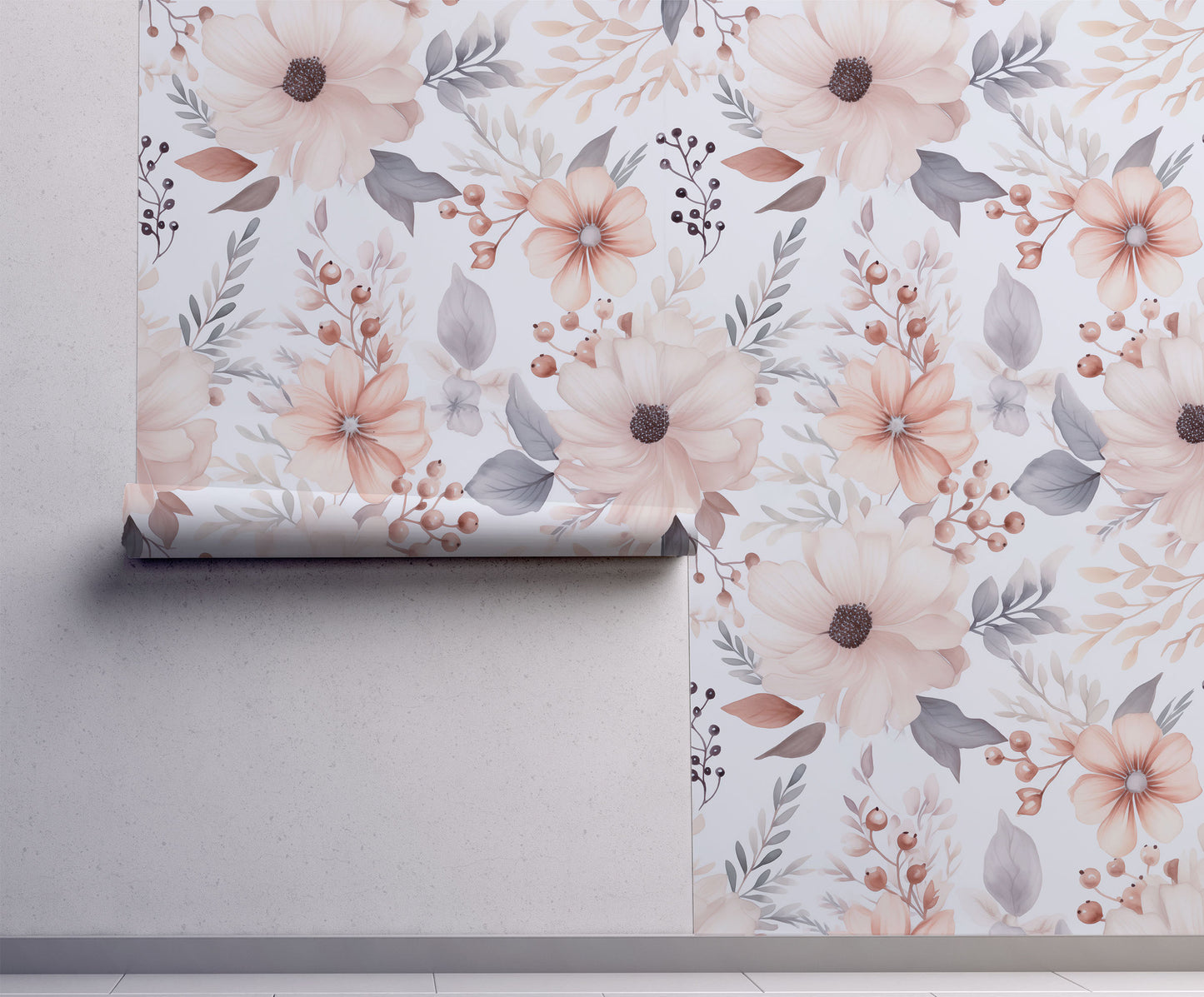 Soft watercolor wallpaper with delicate floral blooms and botanical motifs in blush pink and muted grey tones on a warm white background on wall