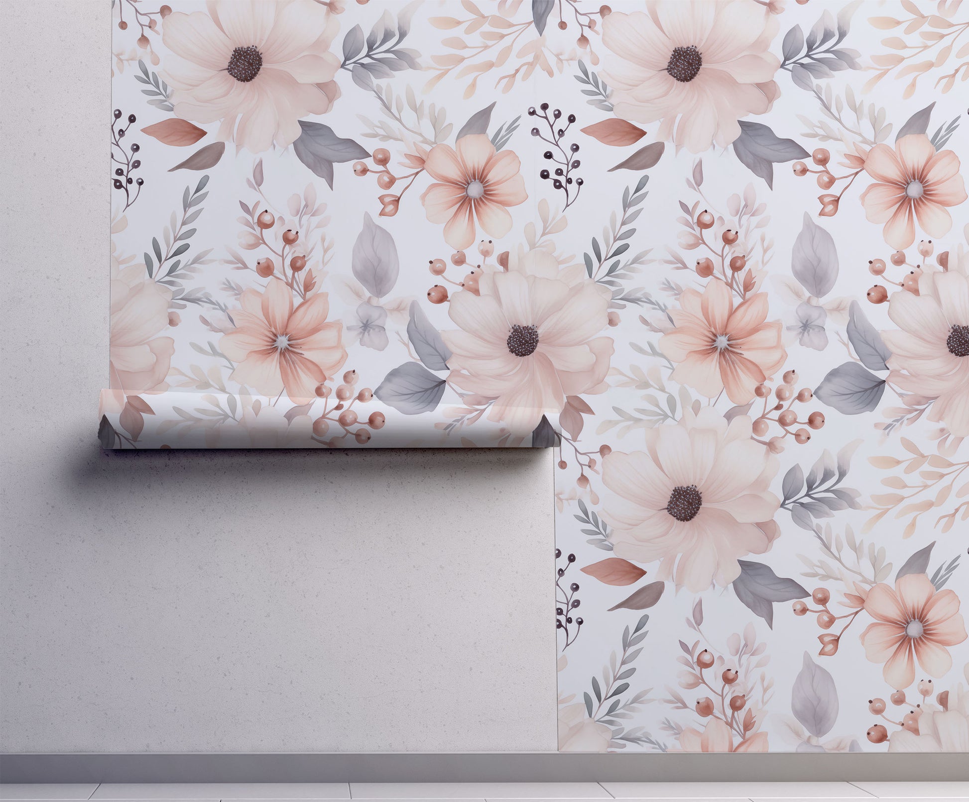 Soft watercolor wallpaper with delicate floral blooms and botanical motifs in blush pink and muted grey tones on a warm white background on wall