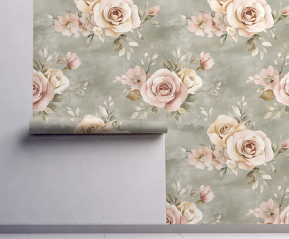 Sage and rose limewash watercolor floral wallpaper on wall