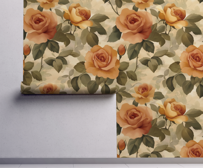 Rose Forest Limewash wallpaper with soft watercolor roses and forest botanicals on a chalky limewash background on wall