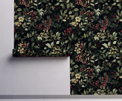 Gothic  dark floral and berry peel and stick wallpaper with deep botanical motifs on a moody background on wall