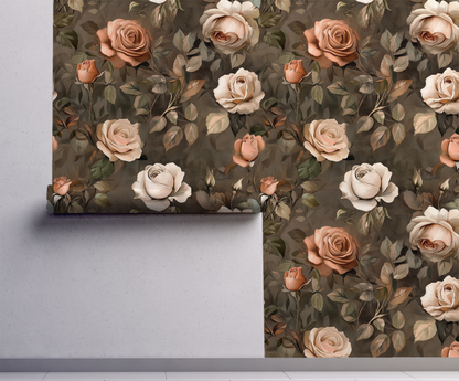 Roses at Dusk - Dark Rose and Limewash Wallpaper