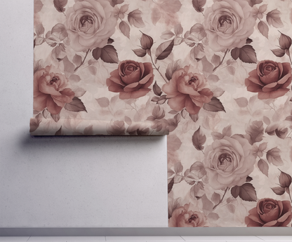 Floral Limewash wallpaper in dusty mauve and antique pink rose on wall