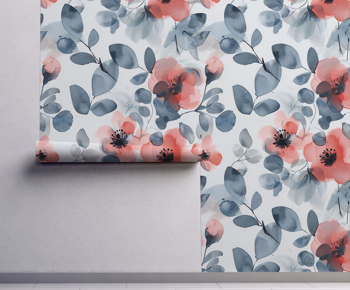 blue watercolor floral wallpaper styled on wall