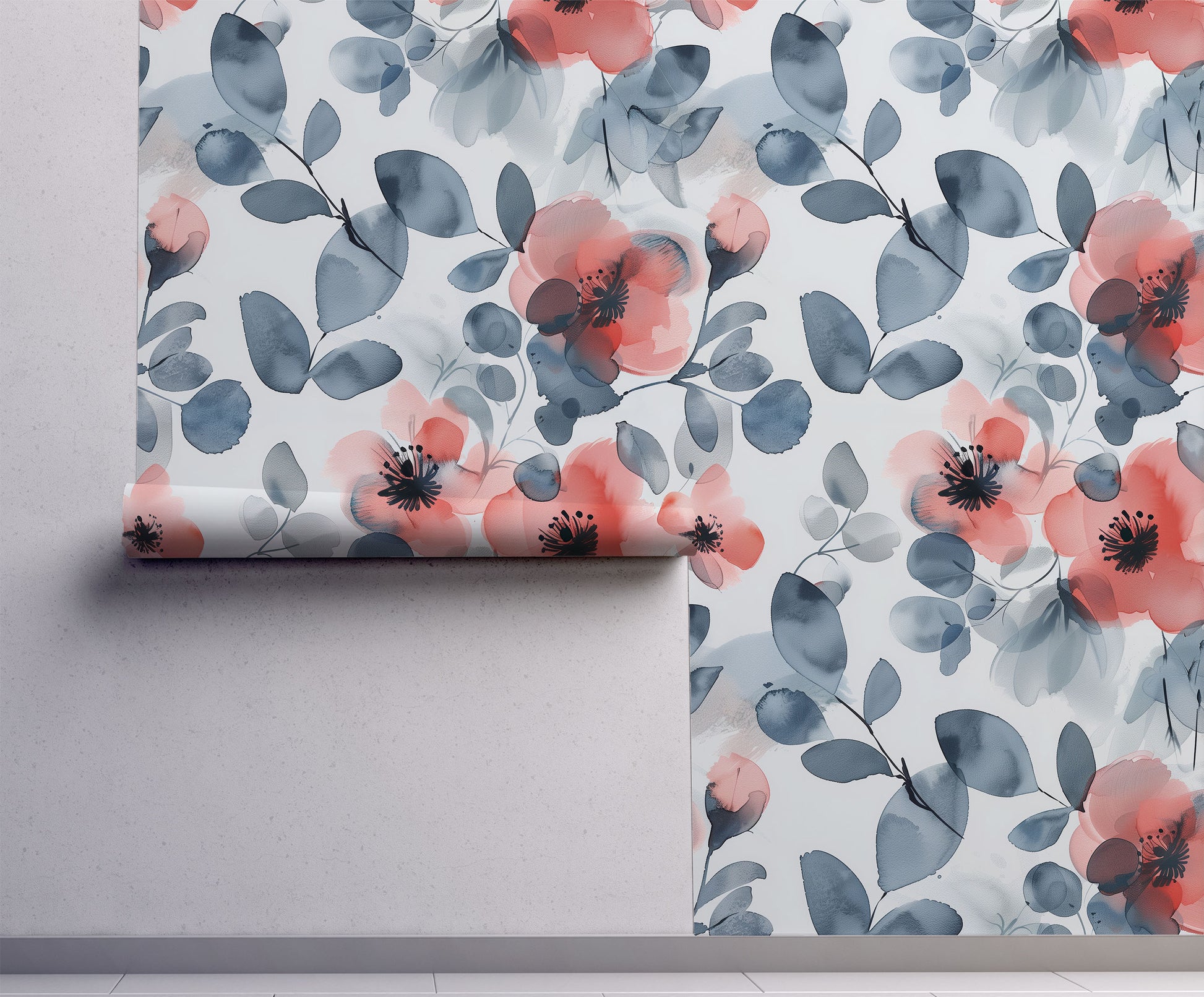 blue watercolor floral wallpaper styled on wall