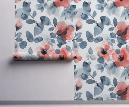 blue watercolor floral wallpaper styled on wall
