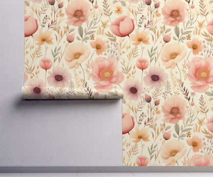 Blush pink watercolor floral wallpaper with soft botanical stems on a warm cream background on wall