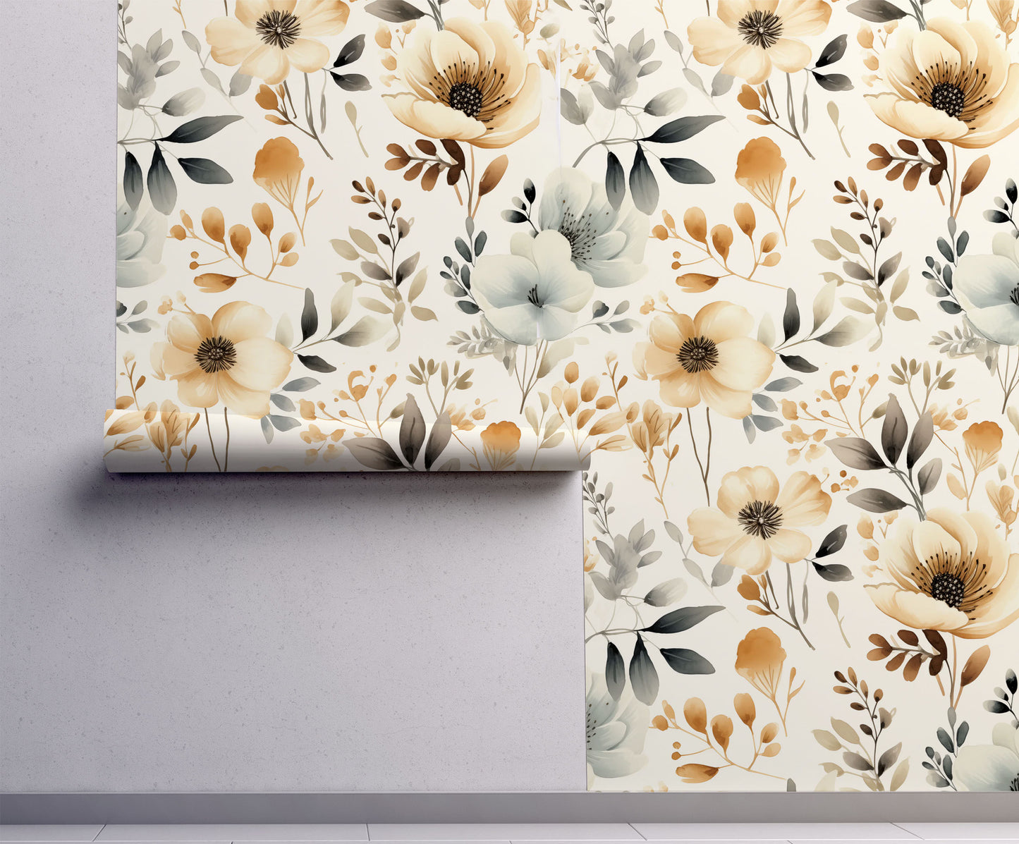 Soft beige and sage floral wallpaper with watercolor wildflowers and botanical foliage on a warm cream background on wall