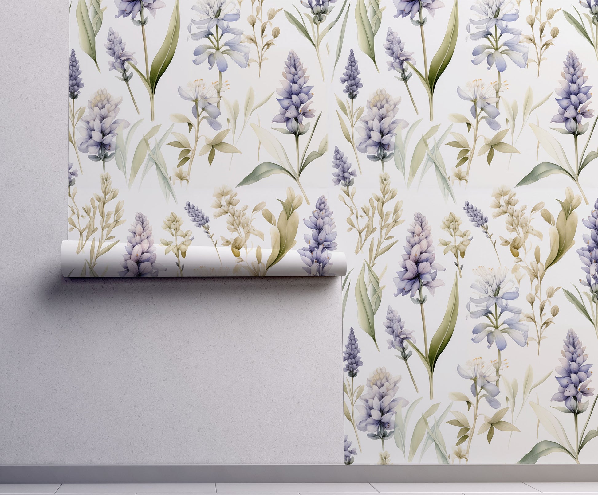 Lavender and blue botanical wallpaper featuring watercolor hyacinths and spring flowers on a soft cream background on wall