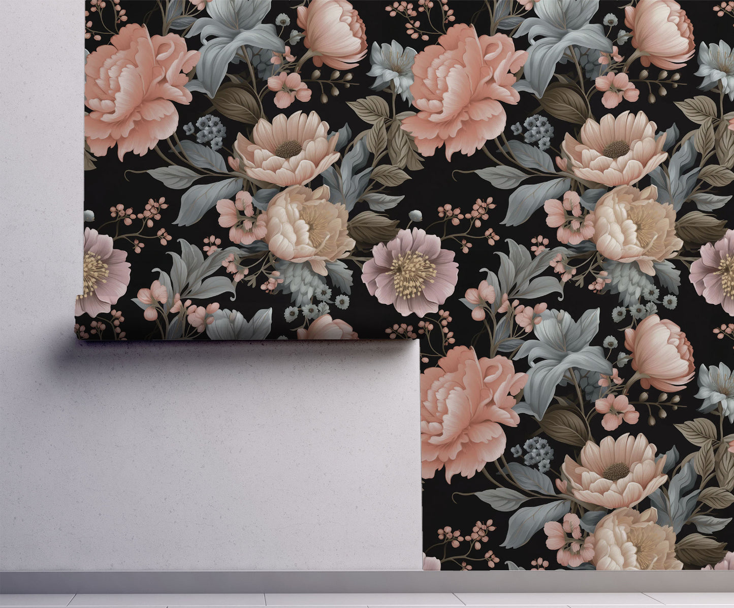 Moody blush floral wallpaper with oversized peonies and blue-gray botanical foliage on a black background on wall
