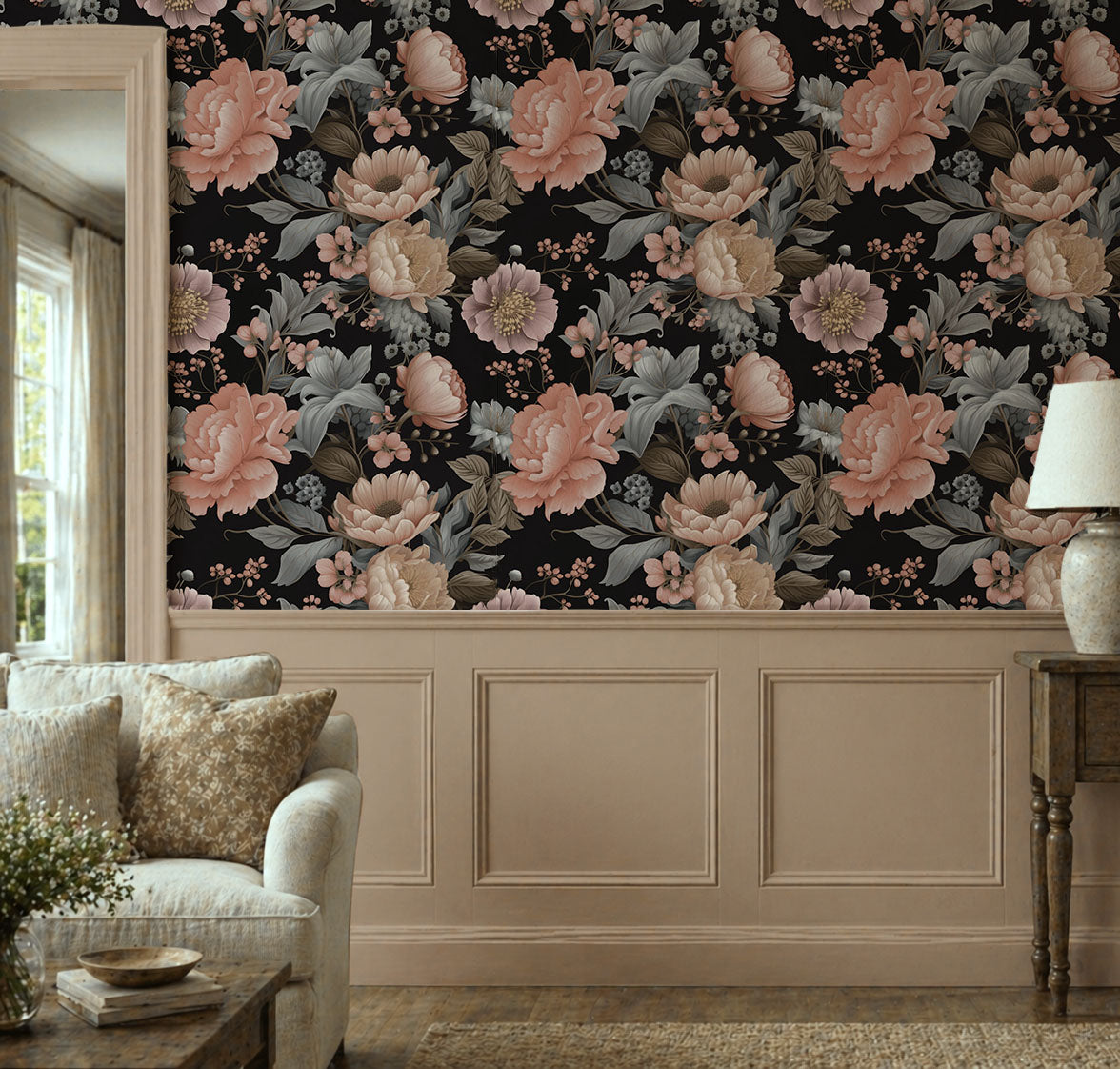 Moody blush floral wallpaper with oversized peonies and blue-gray botanical foliage on a black background in living room