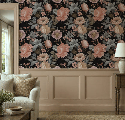 Moody blush floral wallpaper with oversized peonies and blue-gray botanical foliage on a black background in living room