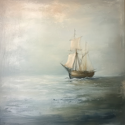 Vintage sailing ship wall mural featuring a weathered wooden ship with ivory sails crossing a misty blue-grey ocean beneath an atmospheric sky.