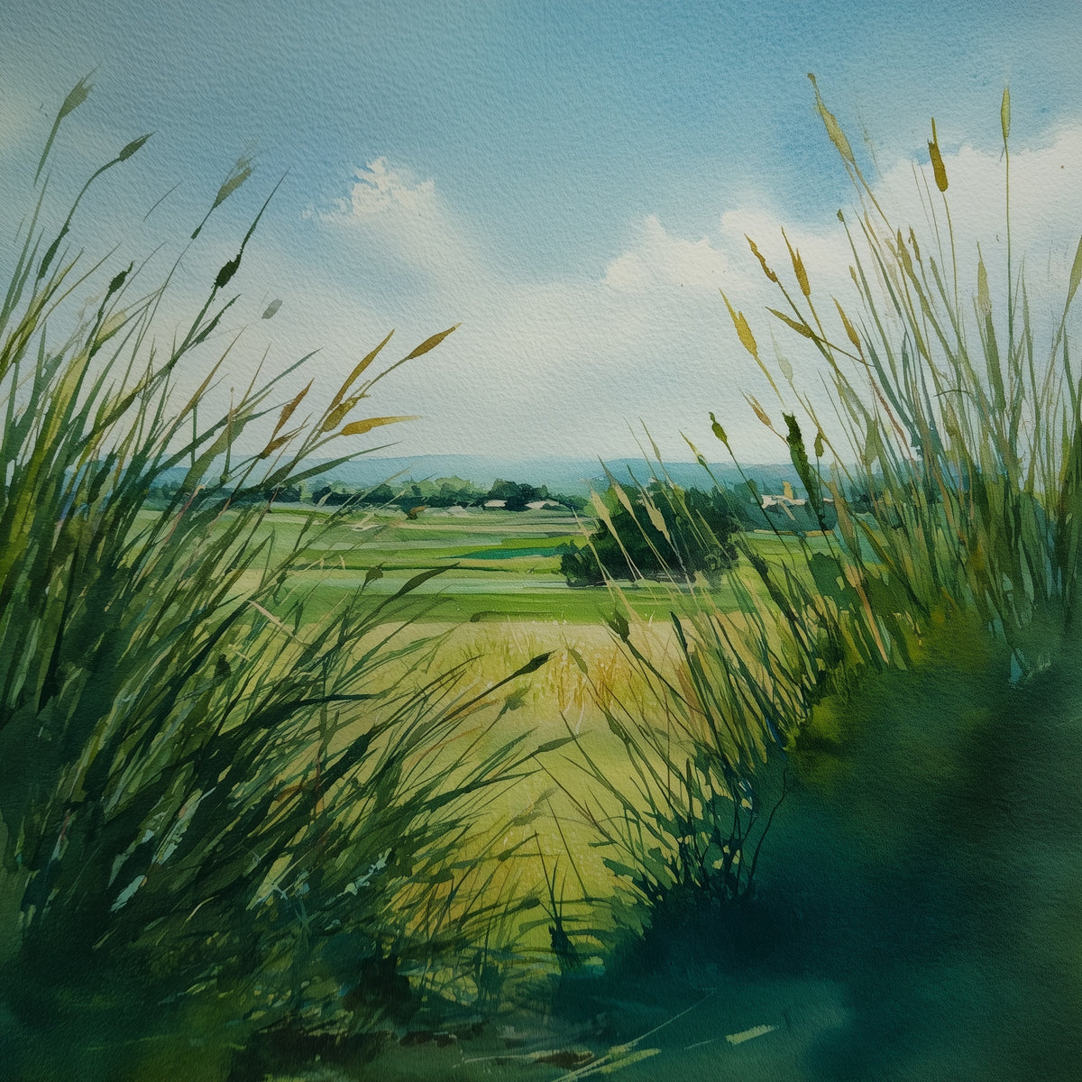 Landscape wallpaper mural  of a grassy field viewed through tall reeds, with green fields, distant trees, and a blue sky with white clouds.