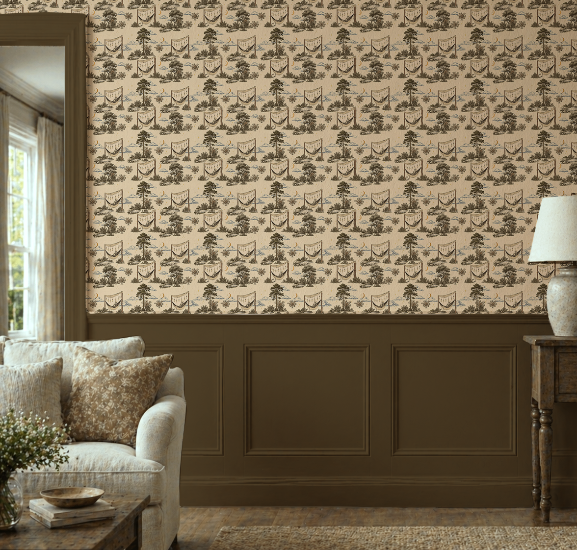 Gothic CottageCore Toile | Camping Skeleton Wallpaper