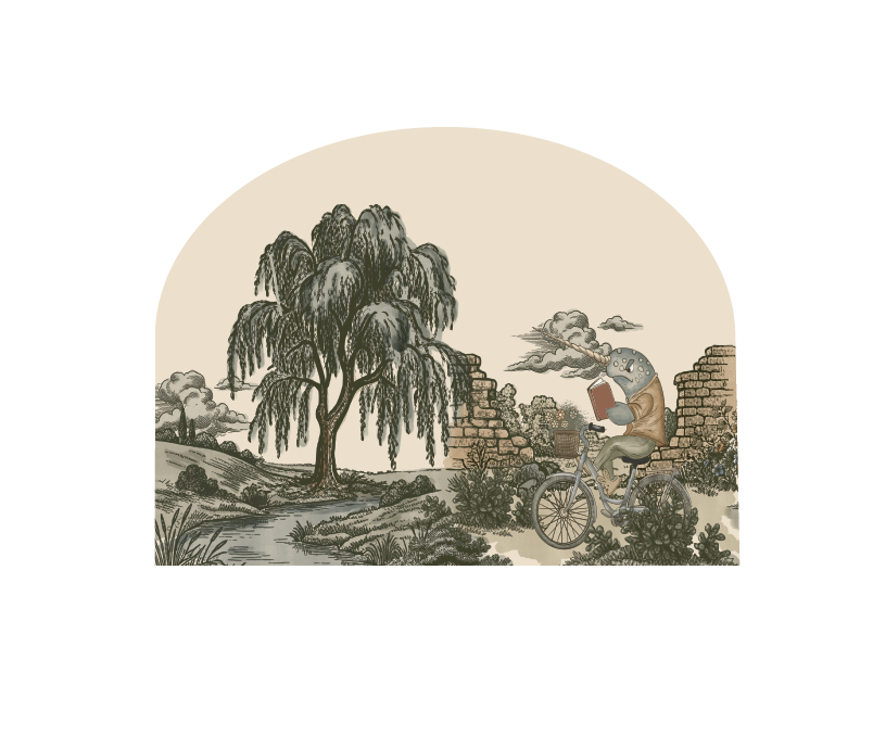 An arched vintage-style Wall decal featuring a large weeping willow tree, a stone wall, a bicycle with a grumpy narwhal riding it, rendered in muted beige, gray, and brown tones on a cream background.