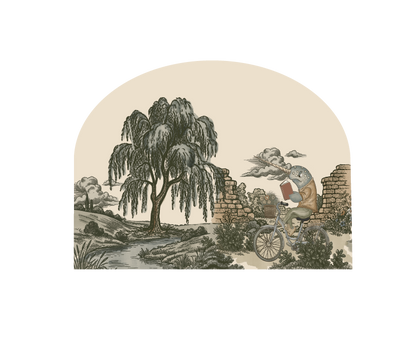 An arched vintage-style Wall decal featuring a large weeping willow tree, a stone wall, a bicycle with a grumpy narwhal riding it, rendered in muted beige, gray, and brown tones on a cream background.