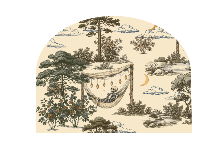 An arched wall decal featuring a vintage-style toile de Jouy scene with a skeleton relaxing in a hammock, surrounded by trees, clouds, and a crescent moon on a cream background.