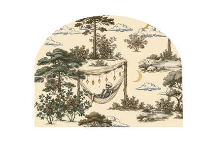 An arched wall decal featuring a vintage-style toile de Jouy scene with a skeleton relaxing in a hammock, surrounded by trees, clouds, and a crescent moon on a cream background.