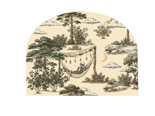 An arched wall decal featuring a vintage-style toile de Jouy scene with a skeleton relaxing in a hammock, surrounded by trees, clouds, and a crescent moon on a cream background.