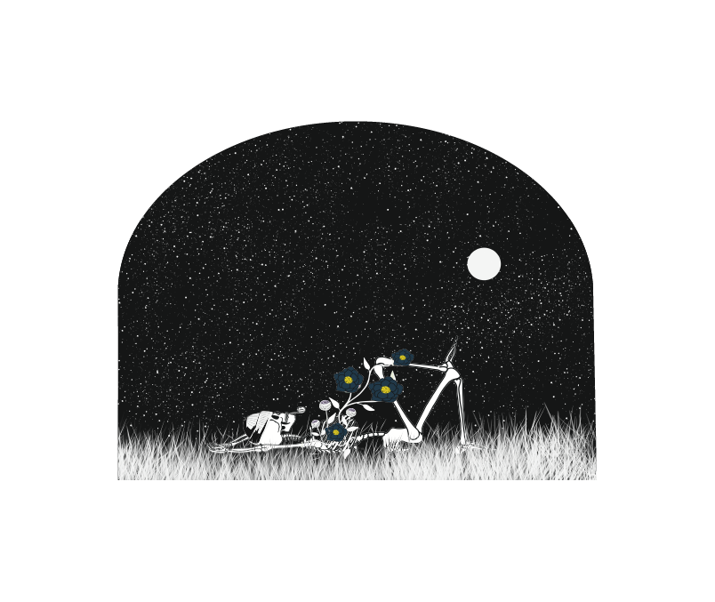 Skeleton with wildflowers growing through him gazing at a starry sky, surreal removable wall arch decal with whimsical gothic style.