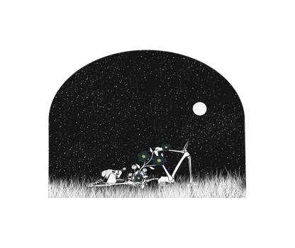 Skeleton with wildflowers growing through him gazing at a starry sky, surreal removable wall arch decal with whimsical gothic style.