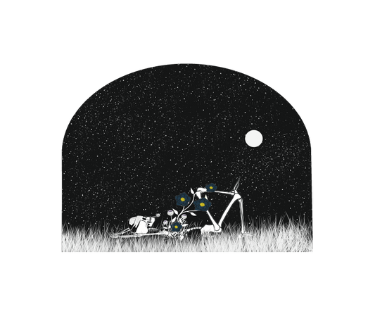 Skeleton with wildflowers growing through him gazing at a starry sky, surreal removable wall arch decal with whimsical gothic style.