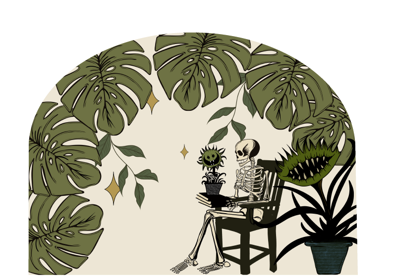 A stylized peel and stick arch with a seated skeleton holding a small plant, surrounded by large monstera leaves, a carnivorous plant, and a potted plant on a cream background.