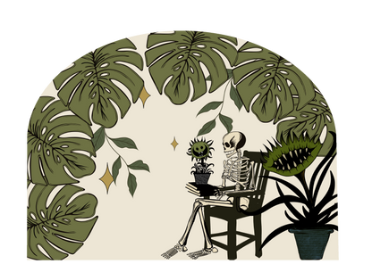 A stylized peel and stick arch with a seated skeleton holding a small plant, surrounded by large monstera leaves, a carnivorous plant, and a potted plant on a cream background.