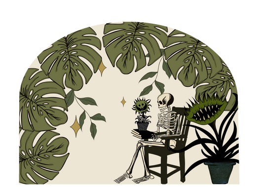 A stylized peel and stick arch with a seated skeleton holding a small plant, surrounded by large monstera leaves, a carnivorous plant, and a potted plant on a cream background.