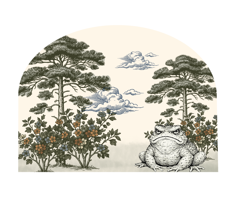 Grumpy toad wall arch decal featuring a whimsical grouchy toad in a storybook botanical scene, removable cottagecore wall decor.