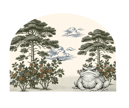 Grumpy toad wall arch decal featuring a whimsical grouchy toad in a storybook botanical scene, removable cottagecore wall decor.