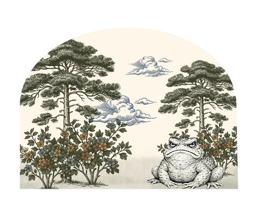 Grumpy toad wall arch decal featuring a whimsical grouchy toad in a storybook botanical scene, removable cottagecore wall decor.