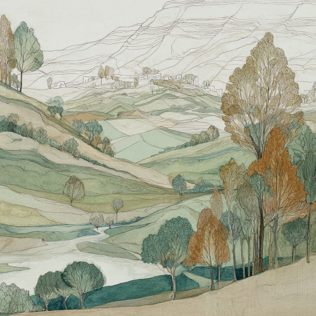 A landscape wall mural featuring hills, trees, and a winding river in muted green, beige, brown, and white tones.