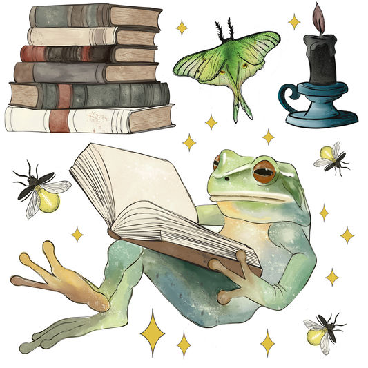 Watercolor wall decal set of a green frog reading an open book, surrounded by whimsical motifs including a stack of old books, a green moth, a burning candle, fireflies, and gold sparkles on a white background.