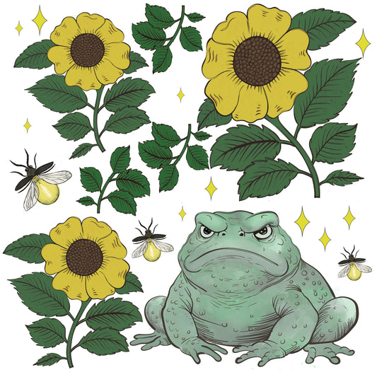 Whimsical illustrated wall decals featuring yellow sunflowers, green leaves, fireflies, and a large grumpy green toad on a white background.