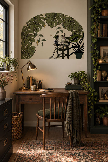 Carnivorous plant wall arch decal featuring oversized Venus flytraps in a dark whimsical botanical scene, removable gothic wall decor in office.